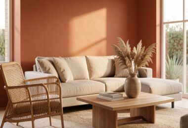 Salon lumineux avec décoration aux tons terracotta et matériaux naturels, tendance été 2026