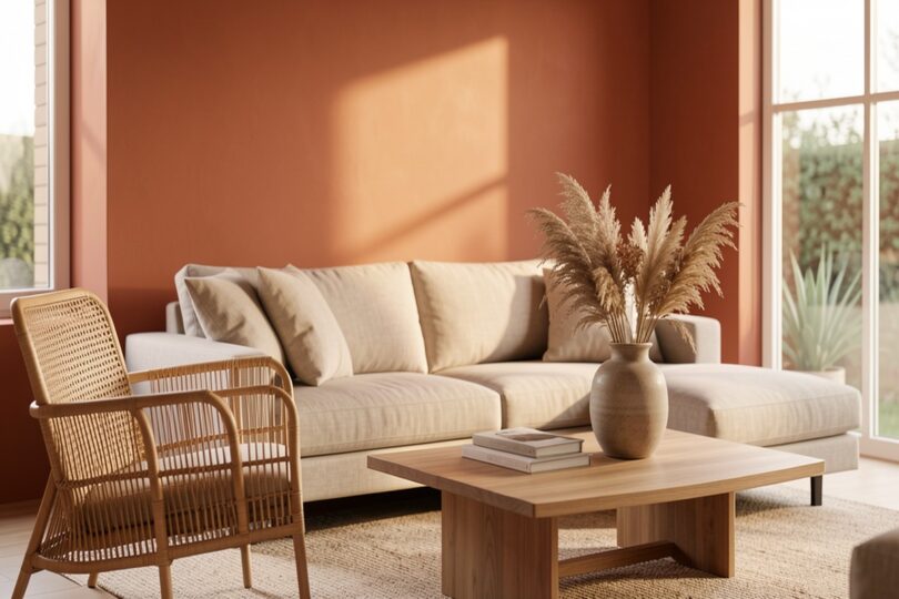 Salon lumineux avec décoration aux tons terracotta et matériaux naturels, tendance été 2026