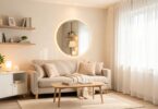 Petit salon lumineux aménagé avec des couleurs claires, un grand miroir et des meubles compacts pour gagner de la place