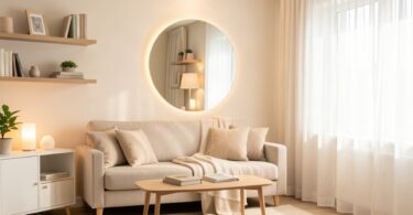 Petit salon lumineux aménagé avec des couleurs claires, un grand miroir et des meubles compacts pour gagner de la place
