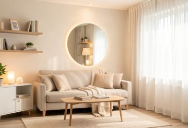 Petit salon lumineux aménagé avec des couleurs claires, un grand miroir et des meubles compacts pour gagner de la place