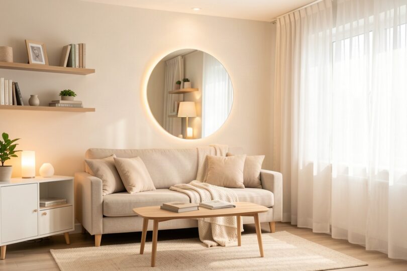 Petit salon lumineux aménagé avec des couleurs claires, un grand miroir et des meubles compacts pour gagner de la place