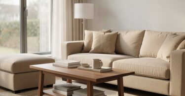 Canapé en tissu beige durable dans un salon lumineux et moderne