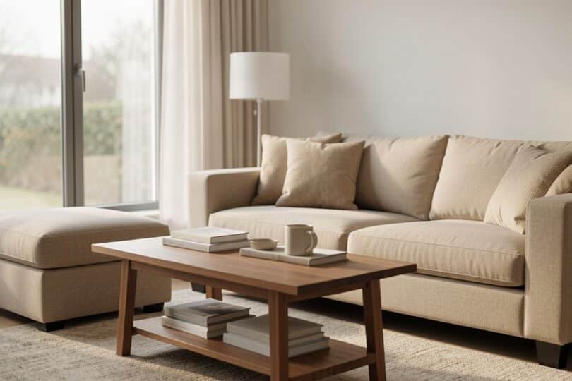 Canapé en tissu beige durable dans un salon lumineux et moderne
