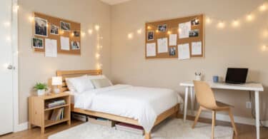 Chambre d adolescent lumineuse avec murs neutres, lit en bois, panneau en liège avec photos et guirlandes lumineuses