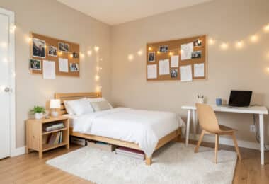 Chambre d adolescent lumineuse avec murs neutres, lit en bois, panneau en liège avec photos et guirlandes lumineuses