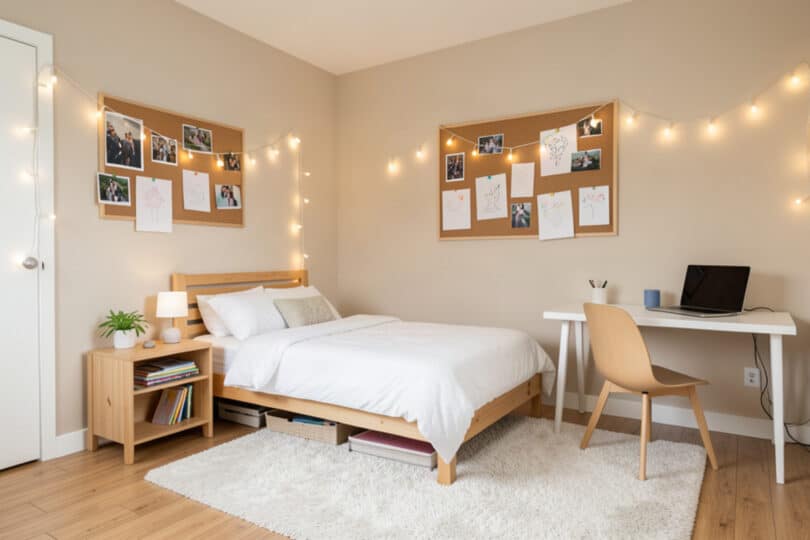Chambre d adolescent lumineuse avec murs neutres, lit en bois, panneau en liège avec photos et guirlandes lumineuses
