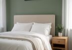 Chambre cocooning aux murs vert sauge avec tête de lit en lin et lumière naturelle tamisée