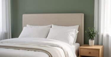 Chambre cocooning aux murs vert sauge avec tête de lit en lin et lumière naturelle tamisée