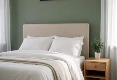 Chambre cocooning aux murs vert sauge avec tête de lit en lin et lumière naturelle tamisée