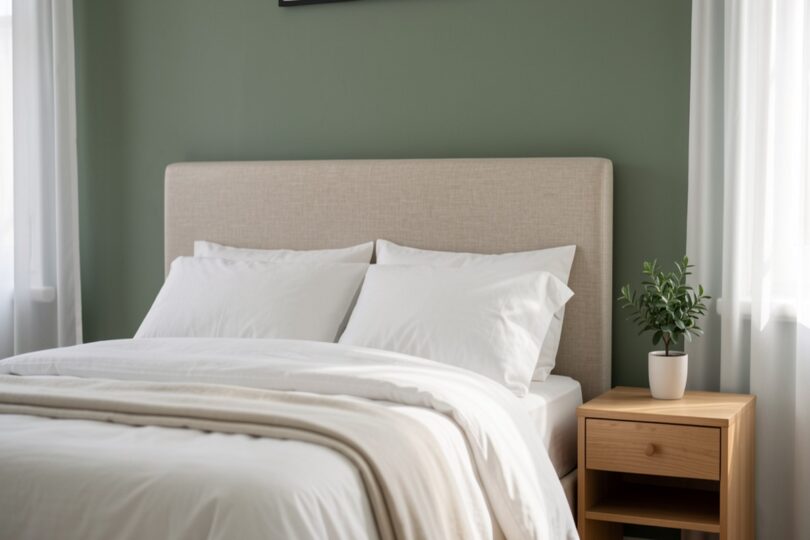 Chambre cocooning aux murs vert sauge avec tête de lit en lin et lumière naturelle tamisée