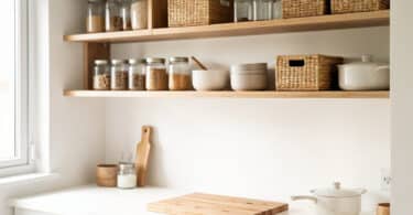 Cuisine rangée avec étagères ouvertes, bocaux en verre et contenants organisés pour un rangement efficace