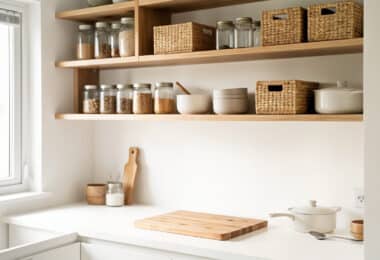 Cuisine rangée avec étagères ouvertes, bocaux en verre et contenants organisés pour un rangement efficace