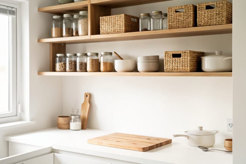 Cuisine rangée avec étagères ouvertes, bocaux en verre et contenants organisés pour un rangement efficace