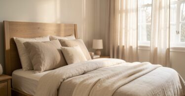 Chambre lumineuse avec literie en lin beige naturel, tête de lit en bois et lumière douce du matin