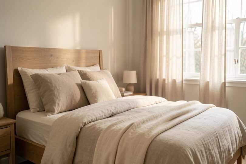 Chambre lumineuse avec literie en lin beige naturel, tête de lit en bois et lumière douce du matin