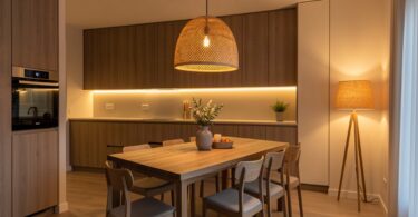 Pièce moderne avec suspension en rotin au-dessus d une table, spots LED encastrés et lampadaire d appoint créant une ambiance chaleureuse
