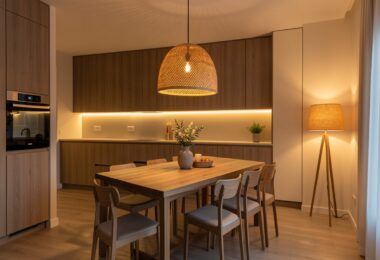 Pièce moderne avec suspension en rotin au-dessus d une table, spots LED encastrés et lampadaire d appoint créant une ambiance chaleureuse