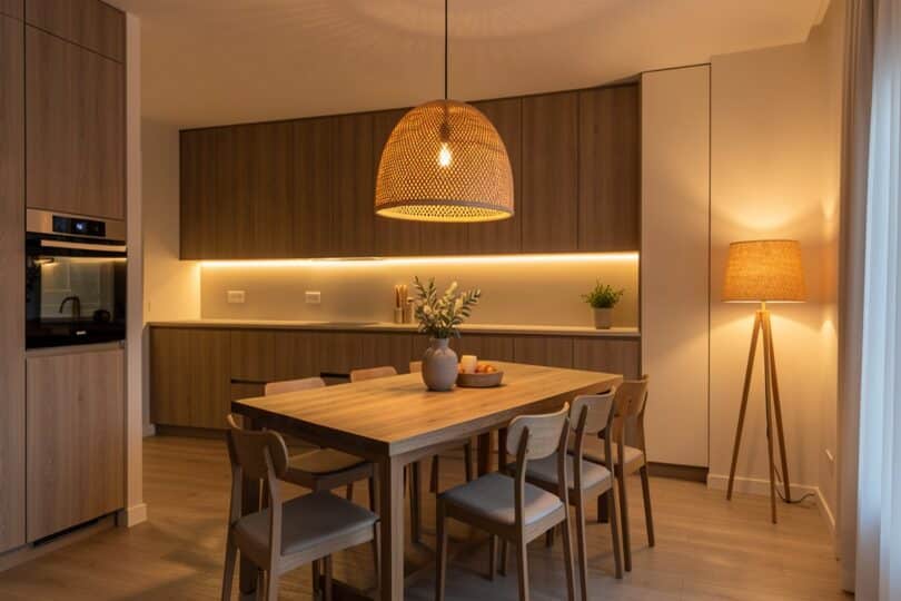 Pièce moderne avec suspension en rotin au-dessus d une table, spots LED encastrés et lampadaire d appoint créant une ambiance chaleureuse
