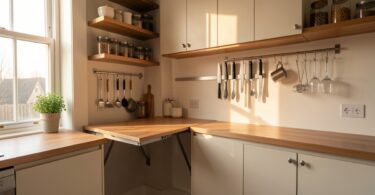 Petite cuisine optimisée avec meubles gain de place, étagères murales et table rabattable