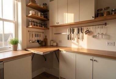 Petite cuisine optimisée avec meubles gain de place, étagères murales et table rabattable