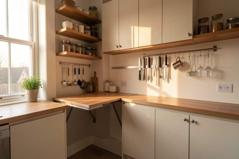 Petite cuisine optimisée avec meubles gain de place, étagères murales et table rabattable