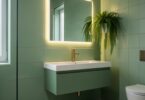 Salle de bain moderne rénovée avec carrelage peint vert sauge, meuble vasque suspendu, robinetterie dorée et plante suspendue