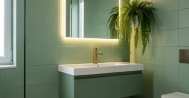 Salle de bain moderne rénovée avec carrelage peint vert sauge, meuble vasque suspendu, robinetterie dorée et plante suspendue