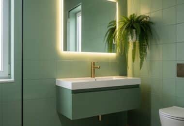 Salle de bain moderne rénovée avec carrelage peint vert sauge, meuble vasque suspendu, robinetterie dorée et plante suspendue