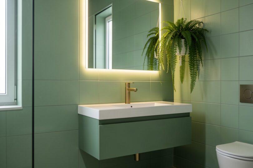 Salle de bain moderne rénovée avec carrelage peint vert sauge, meuble vasque suspendu, robinetterie dorée et plante suspendue
