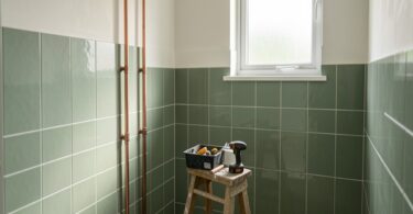 Salle de bain moderne en cours de rénovation avec carrelage vert sauge et outils