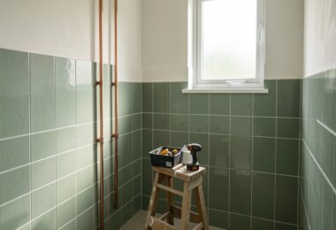 Salle de bain moderne en cours de rénovation avec carrelage vert sauge et outils