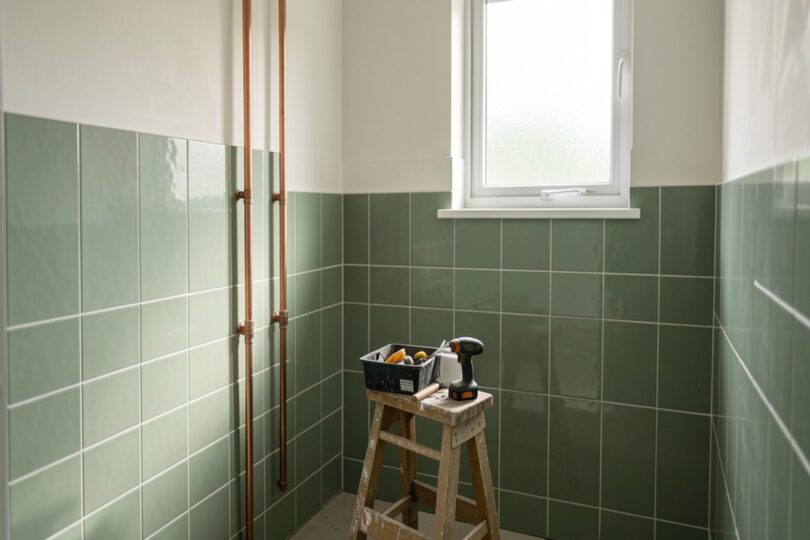 Salle de bain moderne en cours de rénovation avec carrelage vert sauge et outils