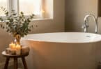 Salle de bain apaisante avec baignoire, bougies, serviettes roulées et branches d'eucalyptus