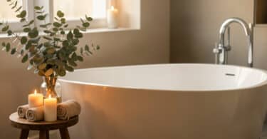 Salle de bain apaisante avec baignoire, bougies, serviettes roulées et branches d'eucalyptus