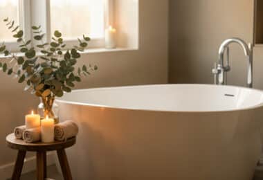 Salle de bain apaisante avec baignoire, bougies, serviettes roulées et branches d'eucalyptus