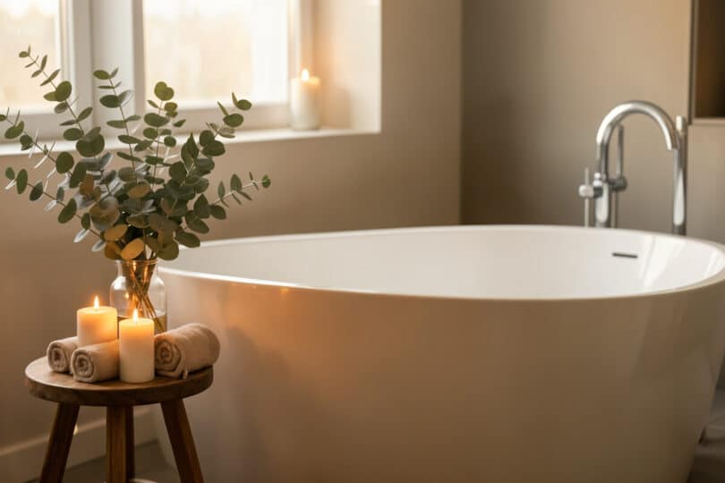 Salle de bain apaisante avec baignoire, bougies, serviettes roulées et branches d'eucalyptus