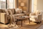 Salon confortable avec canapé en velours côtelé, coussins en lin et fauteuil en bouclette, ambiance chaleureuse aux textures naturelles