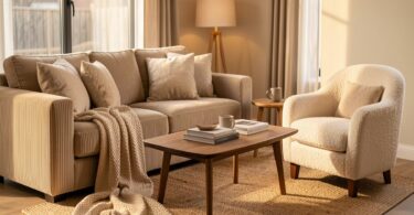 Salon confortable avec canapé en velours côtelé, coussins en lin et fauteuil en bouclette, ambiance chaleureuse aux textures naturelles