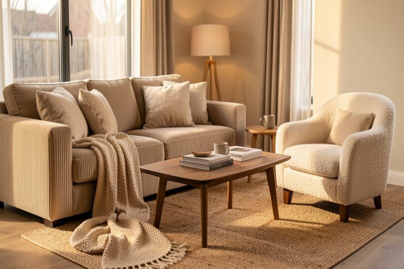 Salon confortable avec canapé en velours côtelé, coussins en lin et fauteuil en bouclette, ambiance chaleureuse aux textures naturelles